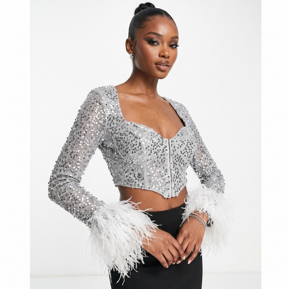 NWT ASOS Luxe Silver Sequin Faux Feather Trim Crop Top Going Out Glam Size 6